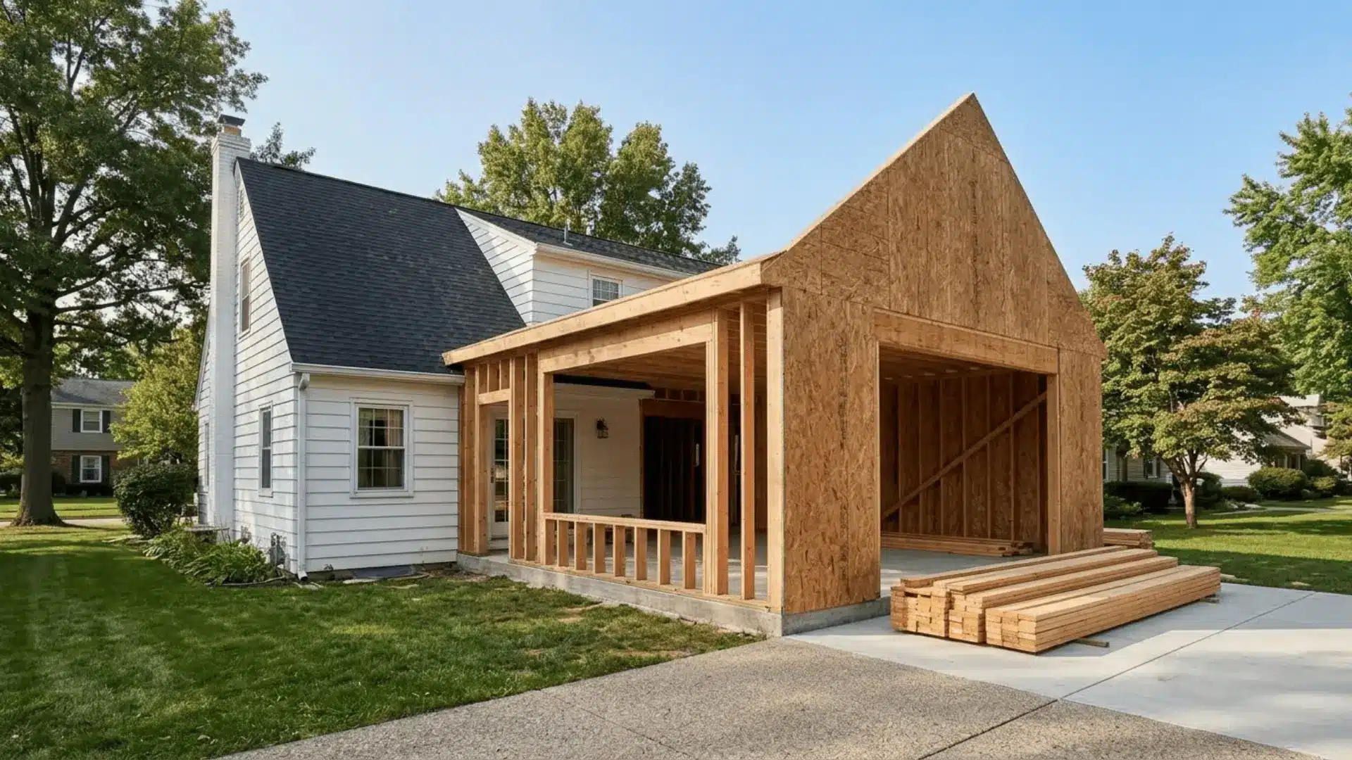 sunlit-home-addition-framing-extending-from-a-white-suburban-house-with-a-clear-sky-and-green-yard